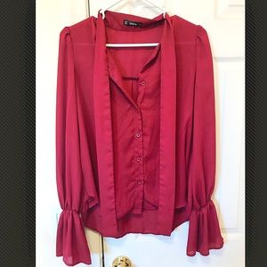 Red, button down, tie-neck blouse